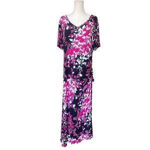 Lane Bryant Dark Floral Maxi Dress Size 18/20 Asymmetrical Hem Short Sleeve